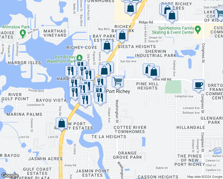 map of restaurants, bars, coffee shops, grocery stores, and more near 7906 Chapel Ave in Port Richey
