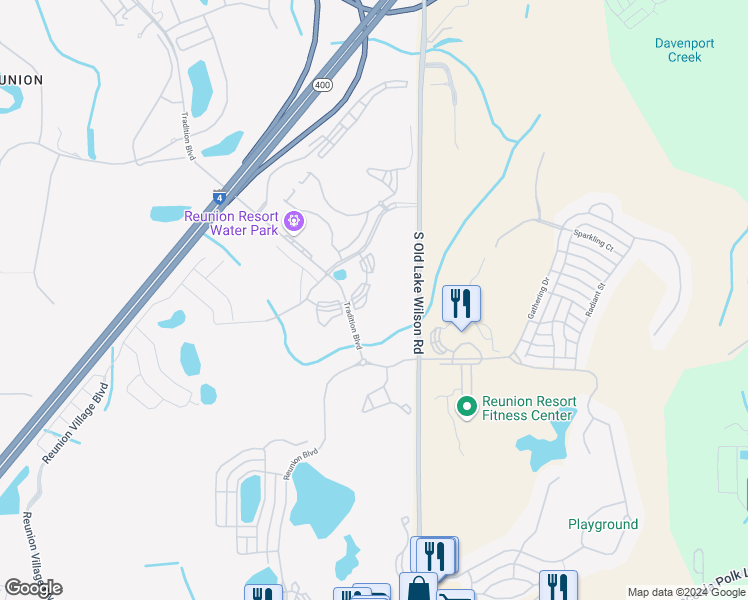 map of restaurants, bars, coffee shops, grocery stores, and more near 7610 Cabana Court in Kissimmee