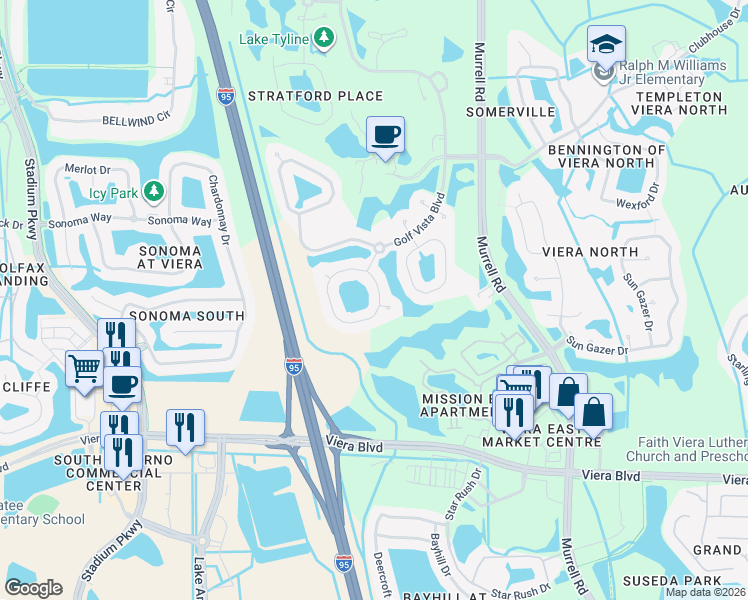 map of restaurants, bars, coffee shops, grocery stores, and more near 2243 Brightwood Circle in Rockledge