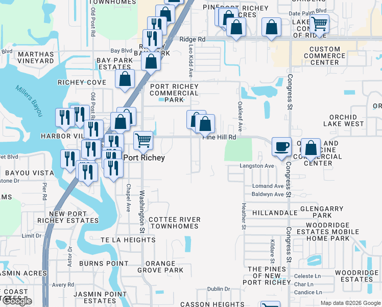 map of restaurants, bars, coffee shops, grocery stores, and more near 7901 Leo Kidd Avenue in Port Richey