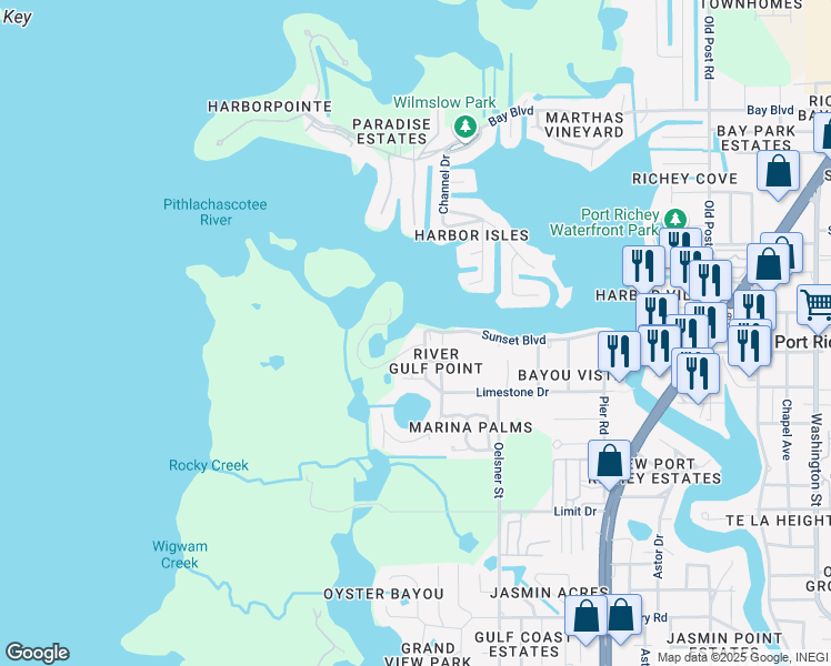 map of restaurants, bars, coffee shops, grocery stores, and more near 4823 Ebbtide Lane in Port Richey