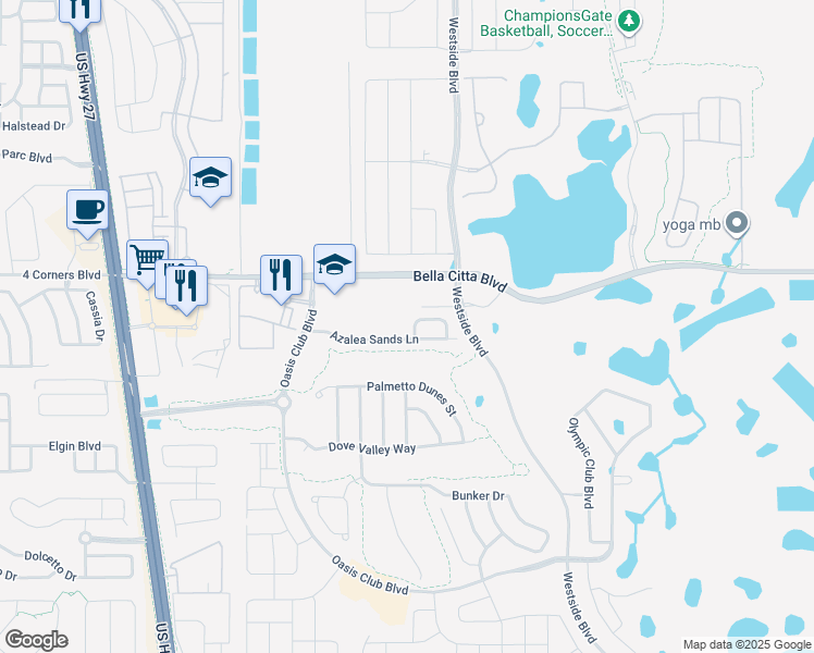 map of restaurants, bars, coffee shops, grocery stores, and more near 8939 Azalea Sands Lane in Davenport