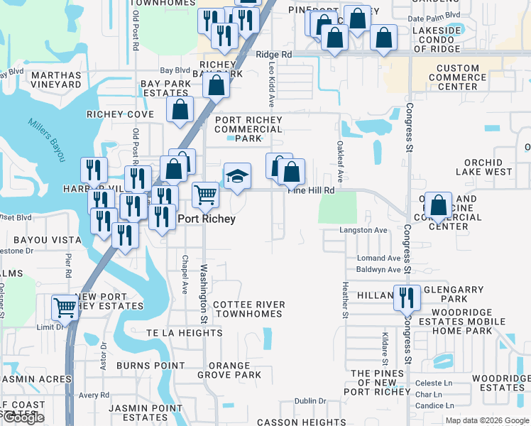 map of restaurants, bars, coffee shops, grocery stores, and more near 7901 Leo Kidd Avenue in Port Richey
