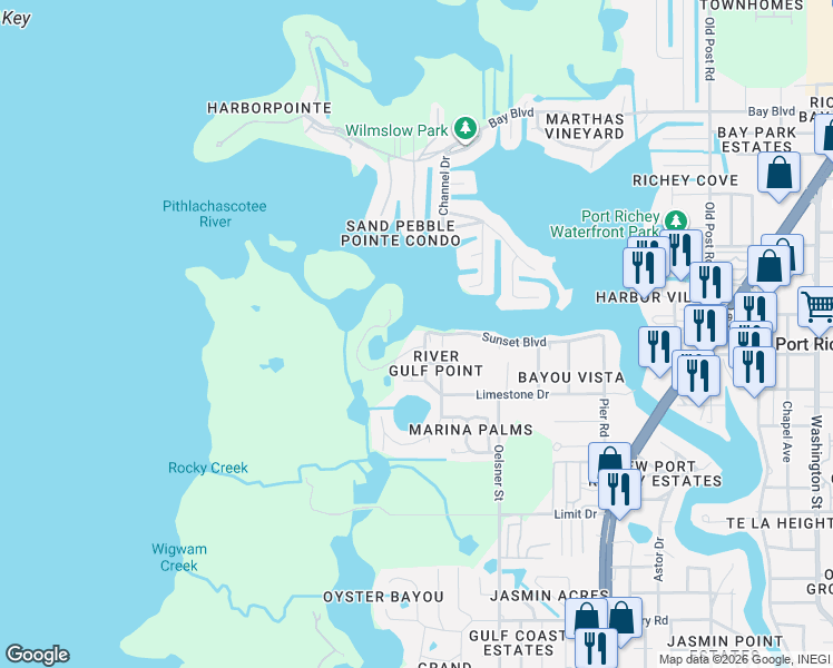 map of restaurants, bars, coffee shops, grocery stores, and more near 4823 Ebbtide Lane in Port Richey