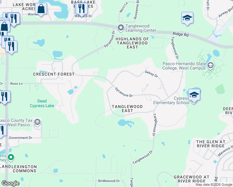 map of restaurants, bars, coffee shops, grocery stores, and more near 7941 Sycamore Drive in New Port Richey