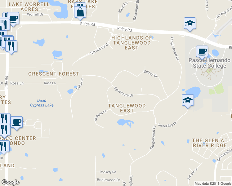 map of restaurants, bars, coffee shops, grocery stores, and more near 7941 Sycamore Drive in New Port Richey