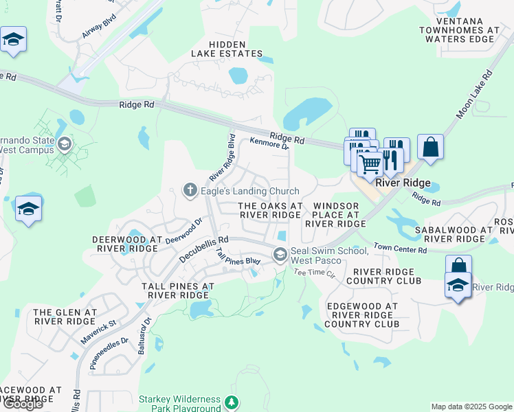 map of restaurants, bars, coffee shops, grocery stores, and more near 10919 New Brighton Court in New Port Richey