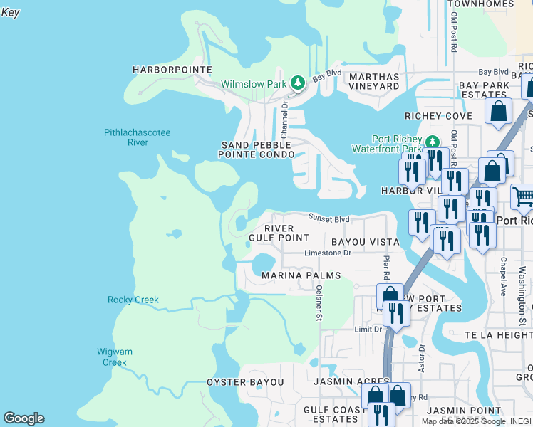 map of restaurants, bars, coffee shops, grocery stores, and more near 4823 Ebbtide Lane in Port Richey