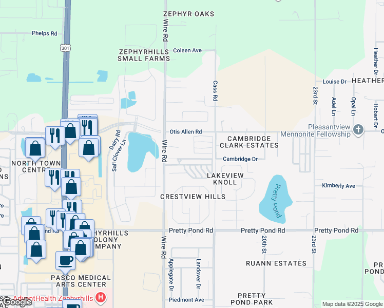 map of restaurants, bars, coffee shops, grocery stores, and more near 7851 Jeff Davis Drive in Zephyrhills