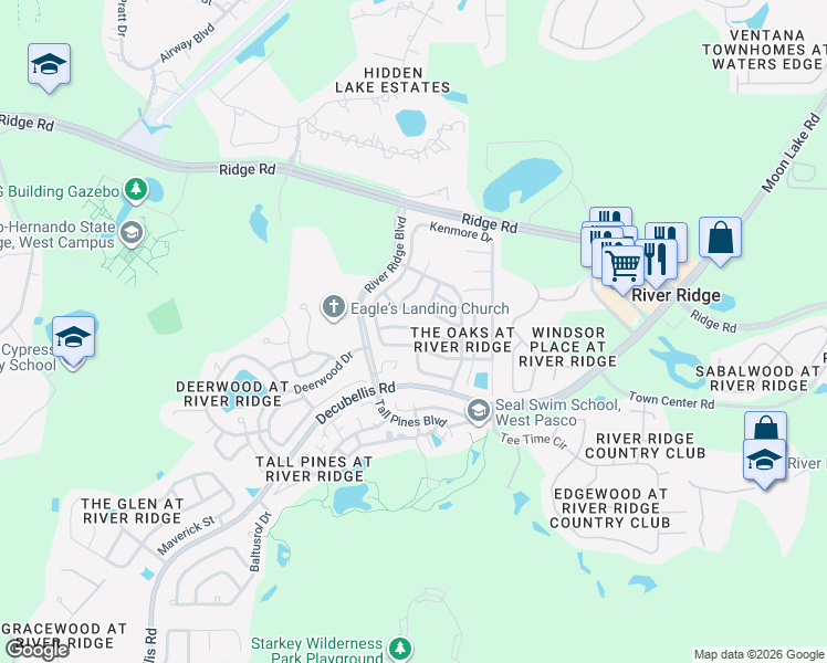 map of restaurants, bars, coffee shops, grocery stores, and more near 10836 New Brighton Court in New Port Richey