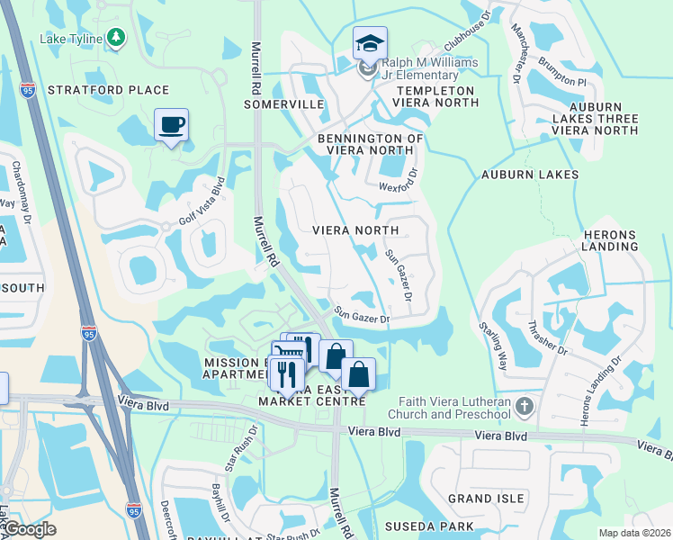 map of restaurants, bars, coffee shops, grocery stores, and more near 1642 Sun Gazer Drive in Rockledge