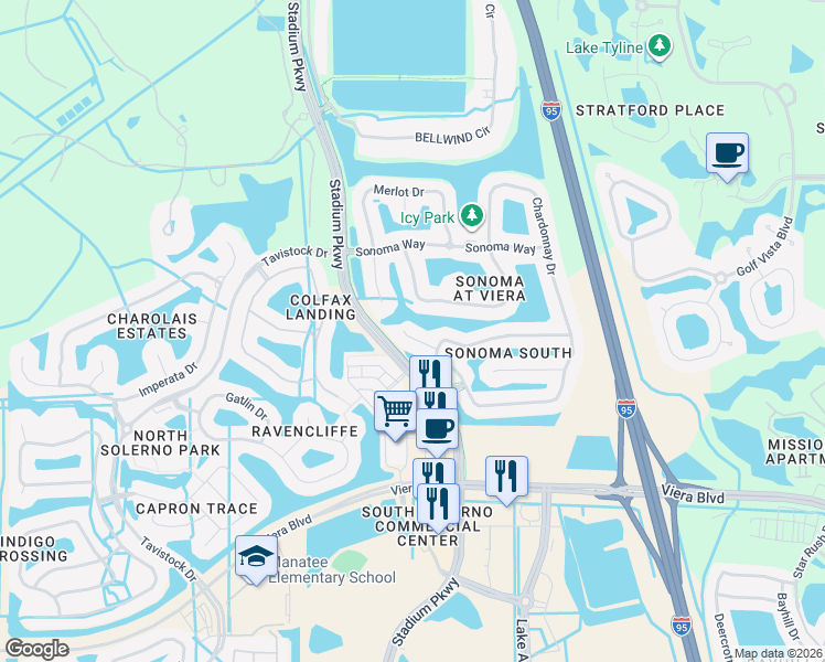 map of restaurants, bars, coffee shops, grocery stores, and more near 3069 Coppola Way in Rockledge