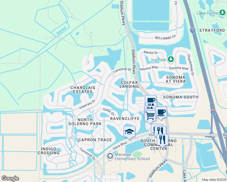 map of restaurants, bars, coffee shops, grocery stores, and more near 3149 Drummond Way in Rockledge
