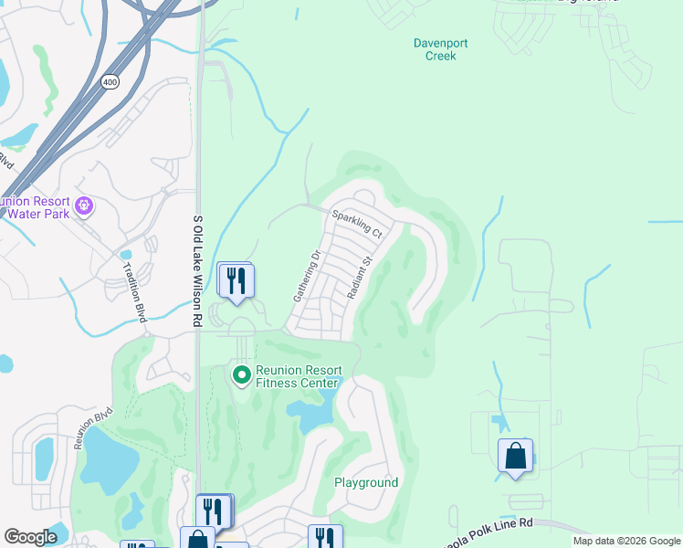 map of restaurants, bars, coffee shops, grocery stores, and more near 7403 Velleux Street in Osceola County