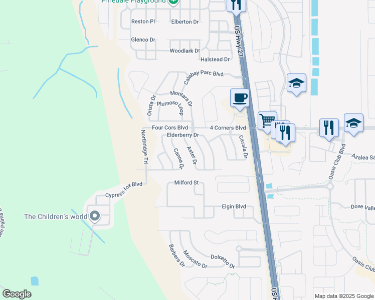 map of restaurants, bars, coffee shops, grocery stores, and more near 209 Aster Drive in Davenport