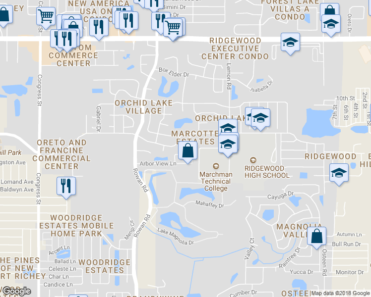 map of restaurants, bars, coffee shops, grocery stores, and more near 7907 Seasons Lane in New Port Richey