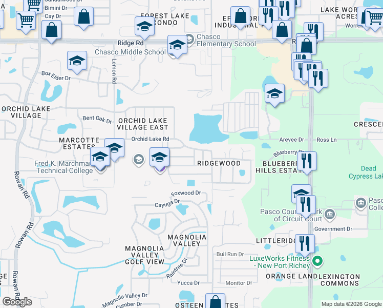 map of restaurants, bars, coffee shops, grocery stores, and more near 7851 Glencoe Drive in New Port Richey