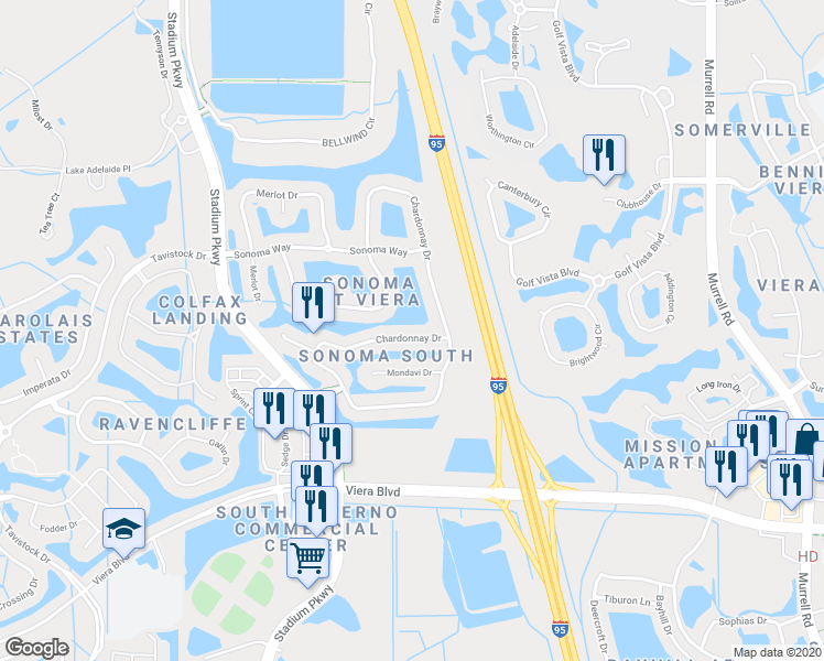 map of restaurants, bars, coffee shops, grocery stores, and more near 3650 Chardonnay Drive in Rockledge
