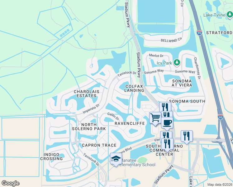 map of restaurants, bars, coffee shops, grocery stores, and more near 3179 Drummond Way in Rockledge