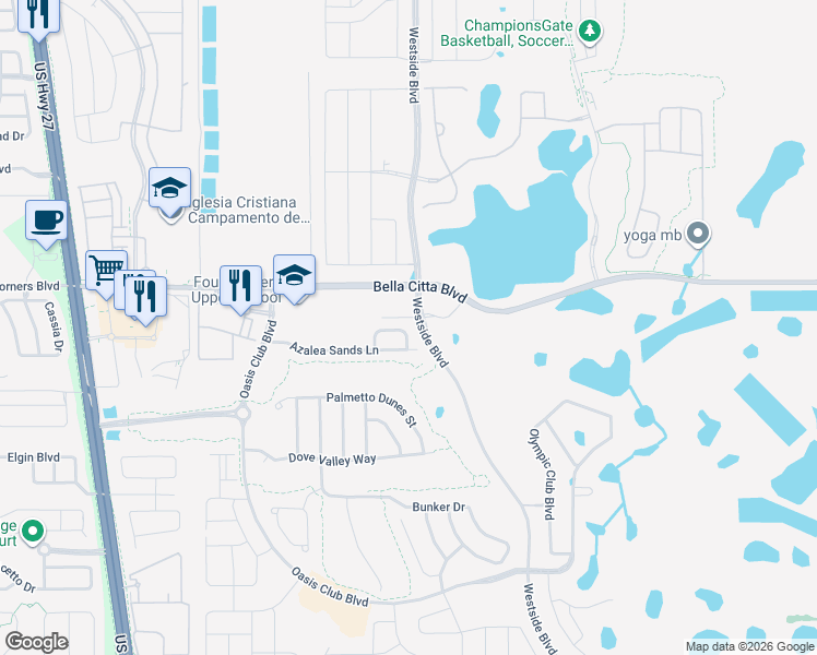 map of restaurants, bars, coffee shops, grocery stores, and more near 1269 Long Cove Loop in Davenport
