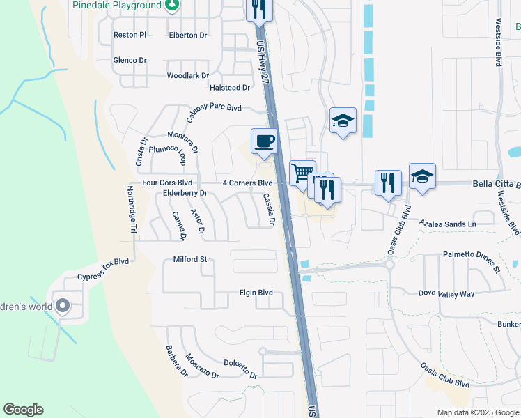 map of restaurants, bars, coffee shops, grocery stores, and more near 202 Purslane Pass in Davenport