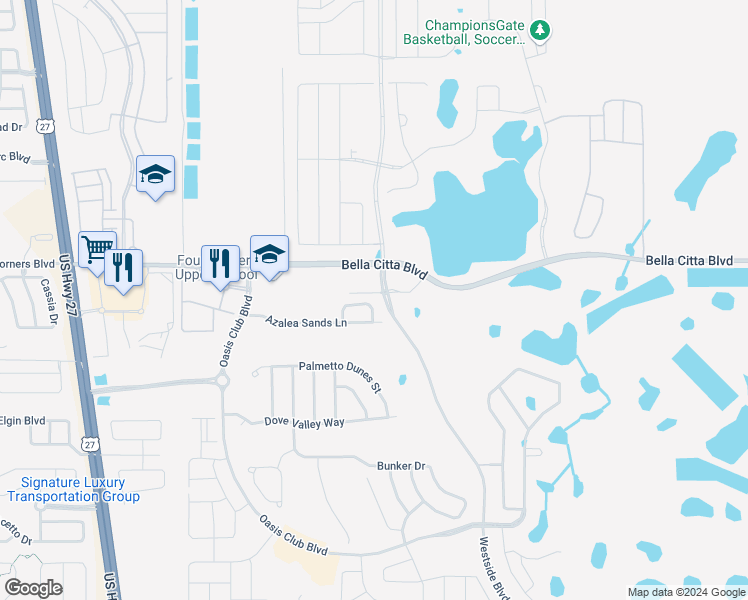 map of restaurants, bars, coffee shops, grocery stores, and more near 1269 Long Cove Loop in Davenport