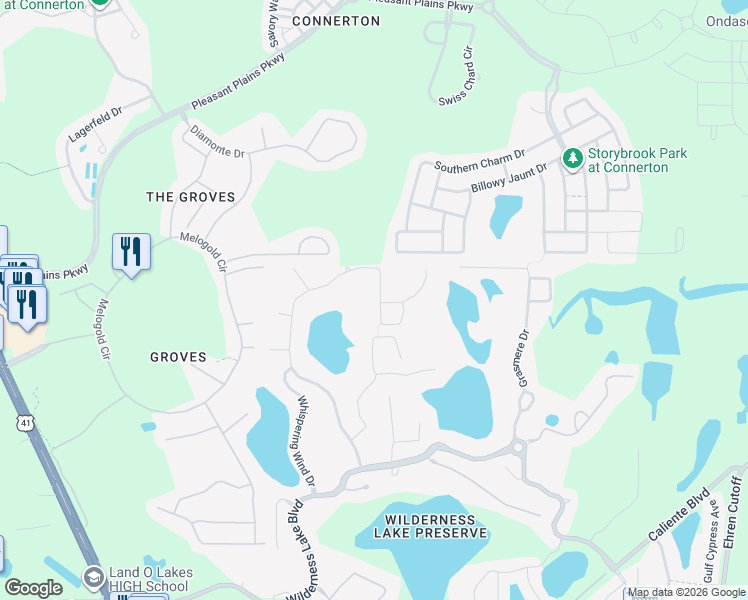 map of restaurants, bars, coffee shops, grocery stores, and more near 7909 Foxgrove Drive in Land O' Lakes