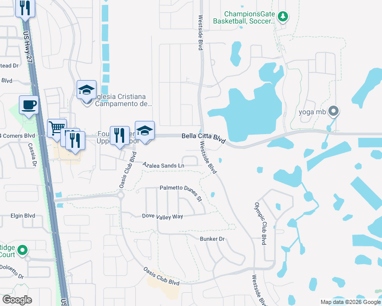 map of restaurants, bars, coffee shops, grocery stores, and more near 8939 Azalea Sands Lane in Davenport