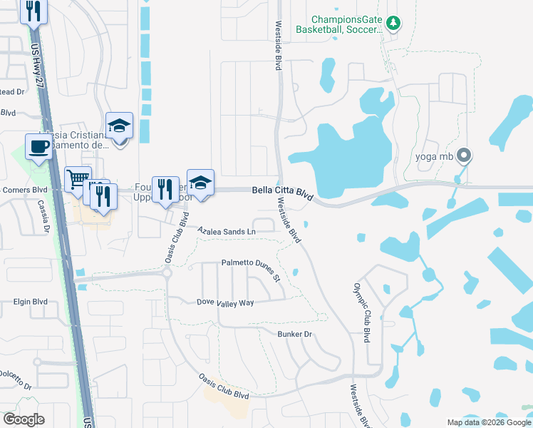 map of restaurants, bars, coffee shops, grocery stores, and more near 1247 Long Cove Loop in Davenport