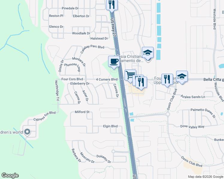 map of restaurants, bars, coffee shops, grocery stores, and more near 150 Purslane Pass in Davenport