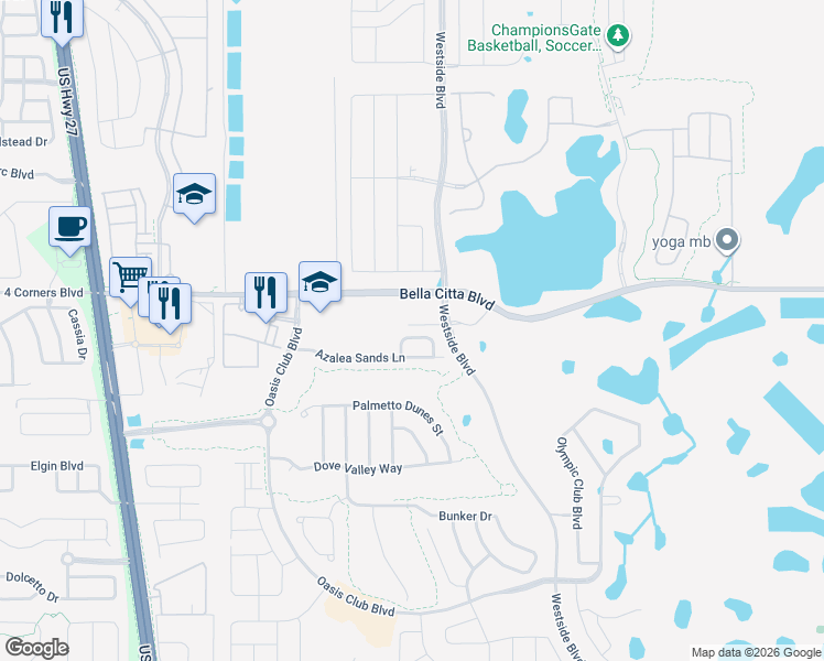 map of restaurants, bars, coffee shops, grocery stores, and more near 8939 Azalea Sands Lane in Davenport