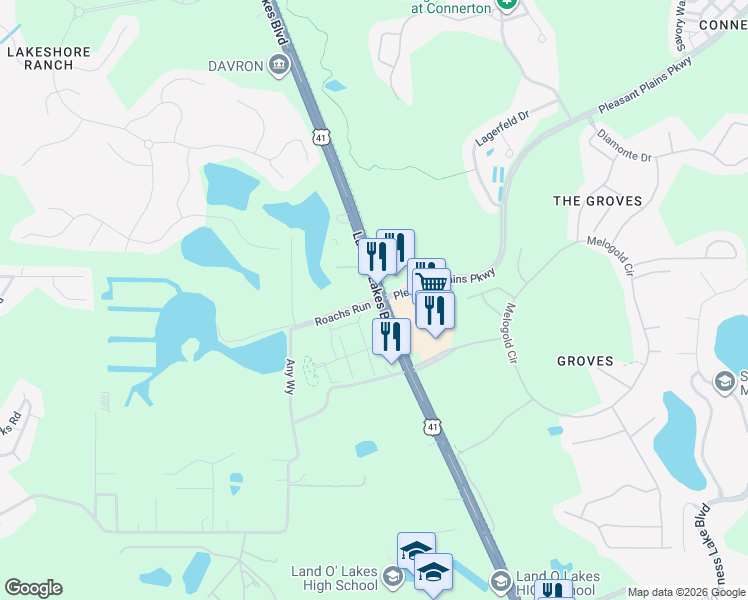 map of restaurants, bars, coffee shops, grocery stores, and more near 21801 Pleasant Plains Parkway in Land O' Lakes