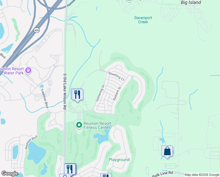 map of restaurants, bars, coffee shops, grocery stores, and more near 7403 Velleux Street in Osceola County
