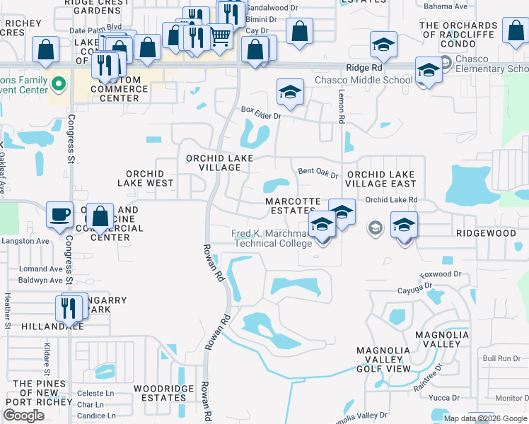 map of restaurants, bars, coffee shops, grocery stores, and more near 7207 Orchid Lake Road in New Port Richey