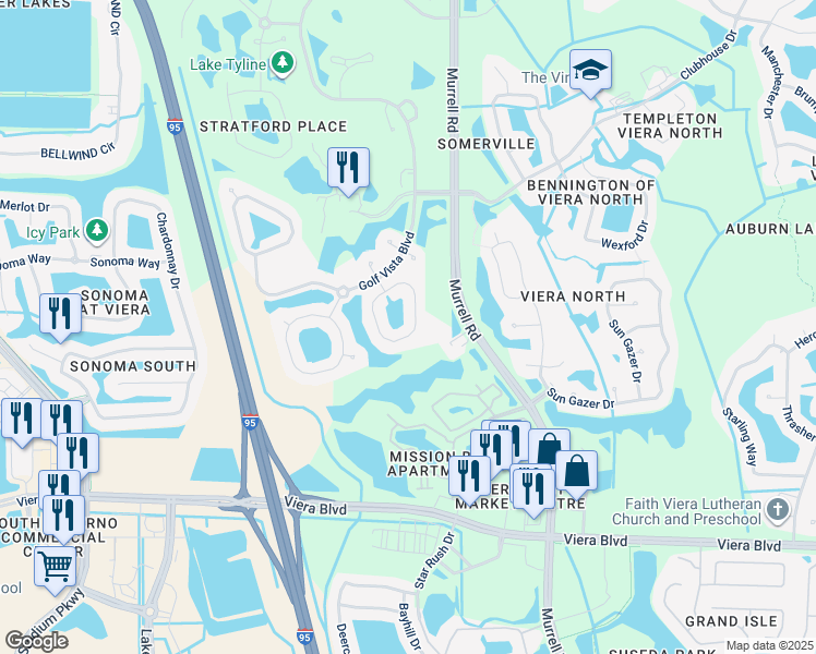 map of restaurants, bars, coffee shops, grocery stores, and more near 2453 Addington Circle in Rockledge