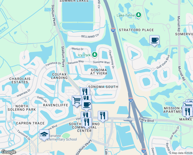 map of restaurants, bars, coffee shops, grocery stores, and more near 3750 Chardonnay Drive in Rockledge