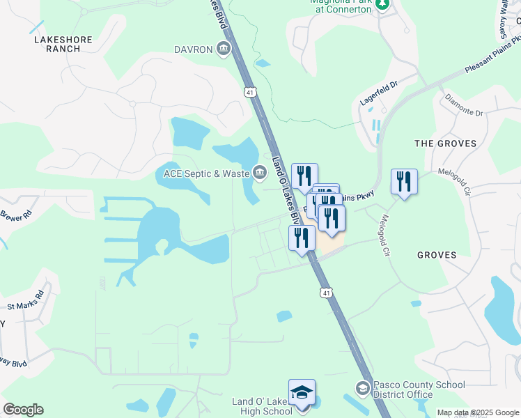 map of restaurants, bars, coffee shops, grocery stores, and more near 7839 Land O' Lakes Boulevard in Land O' Lakes