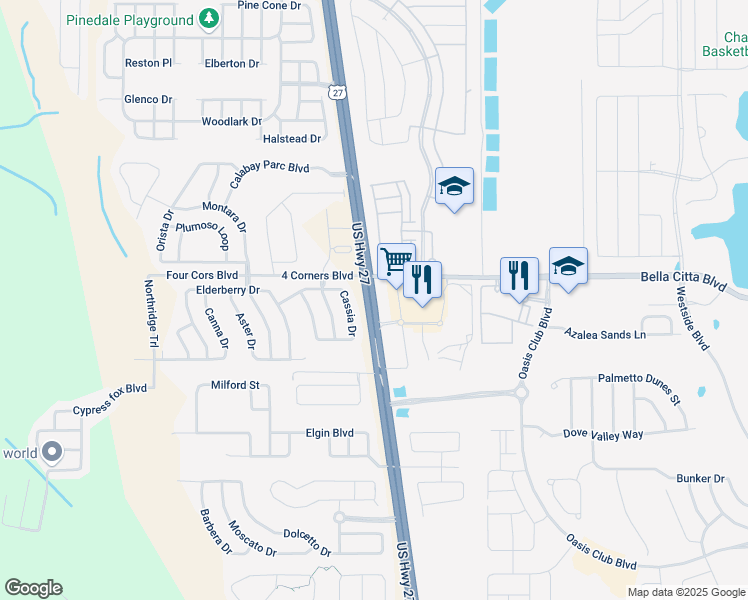 map of restaurants, bars, coffee shops, grocery stores, and more near 7396 Florida 25 in Davenport