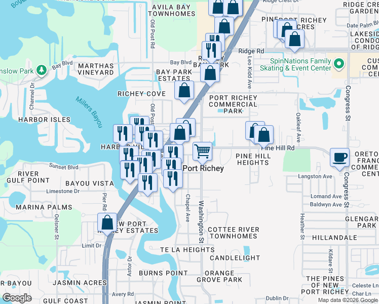 map of restaurants, bars, coffee shops, grocery stores, and more near 8003 Washington Street in Port Richey