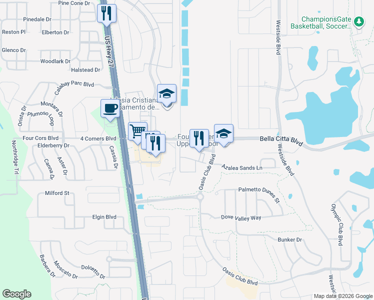 map of restaurants, bars, coffee shops, grocery stores, and more near 6801 Integra Meadows Drive in Davenport