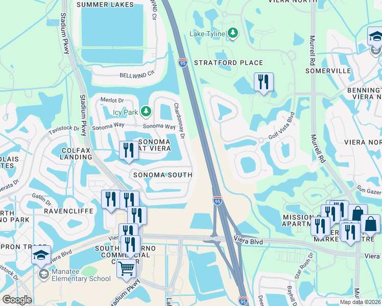 map of restaurants, bars, coffee shops, grocery stores, and more near 4420 Chardonnay Drive in Rockledge