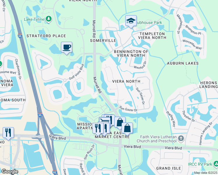 map of restaurants, bars, coffee shops, grocery stores, and more near 1562 Sun Gazer Drive in Rockledge