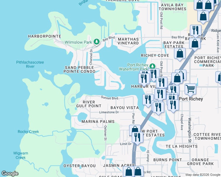 map of restaurants, bars, coffee shops, grocery stores, and more near 8020 Island Drive in Port Richey