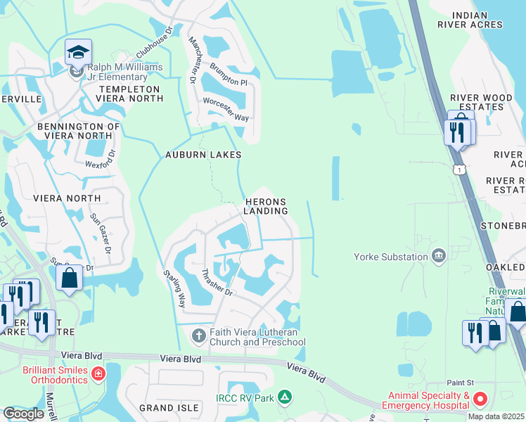 map of restaurants, bars, coffee shops, grocery stores, and more near 5990 Herons Landing Drive in Rockledge