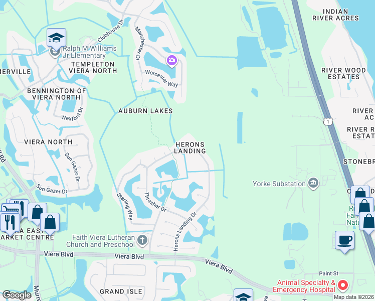 map of restaurants, bars, coffee shops, grocery stores, and more near 5990 Herons Landing Drive in Rockledge