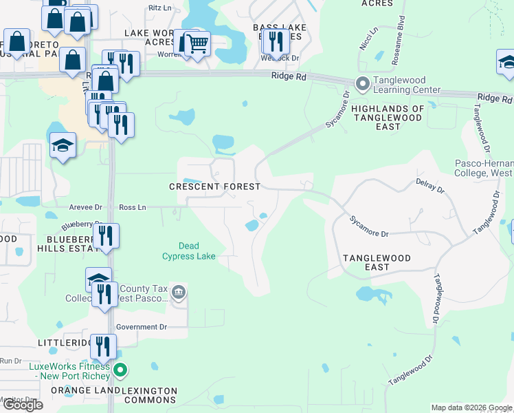 map of restaurants, bars, coffee shops, grocery stores, and more near 7951 Callan Court in New Port Richey
