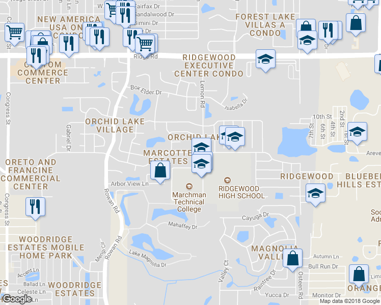 map of restaurants, bars, coffee shops, grocery stores, and more near 7520 Orchid Lake Road in New Port Richey