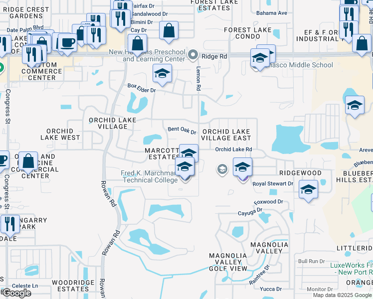 map of restaurants, bars, coffee shops, grocery stores, and more near 7520 Orchid Lake Road in New Port Richey