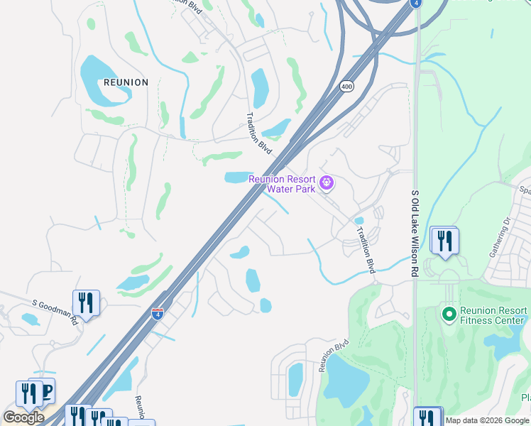 map of restaurants, bars, coffee shops, grocery stores, and more near Interstate 4 in Kissimmee