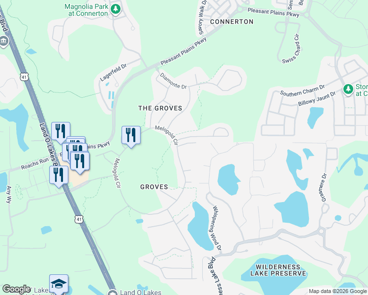 map of restaurants, bars, coffee shops, grocery stores, and more near 20914 Ruby Red Way in Land O' Lakes